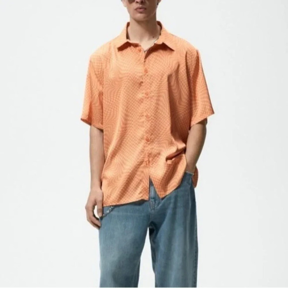 Zara Geometric Print Shirt Button Up Trippy Checker Orange Short Sleeve - Picture 1 of 7